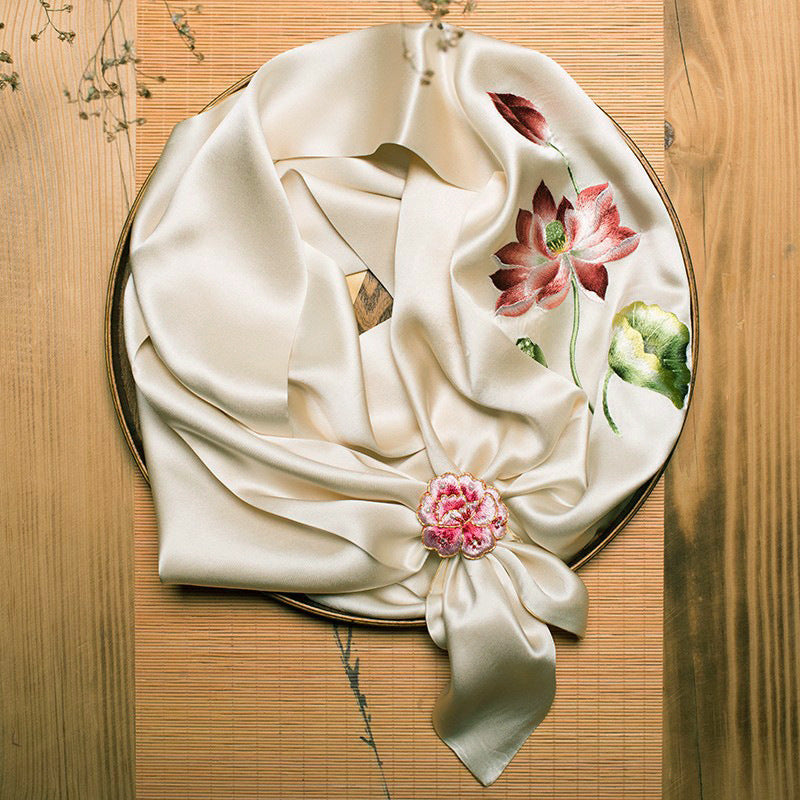 Double-Sided Lotus Silk Scarf with Ring