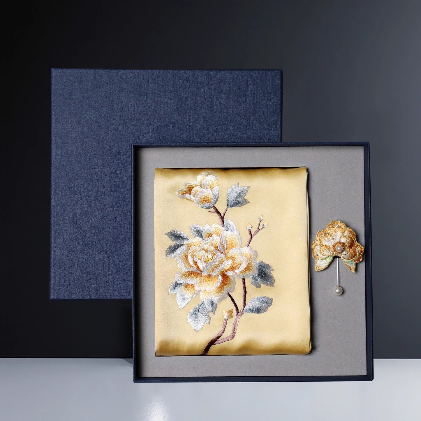 Embroidered Mulberry Silk Scarf and Brooch Set