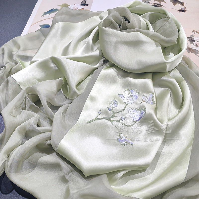 Hand-Embroidered Silk Chiffon Long Scarf