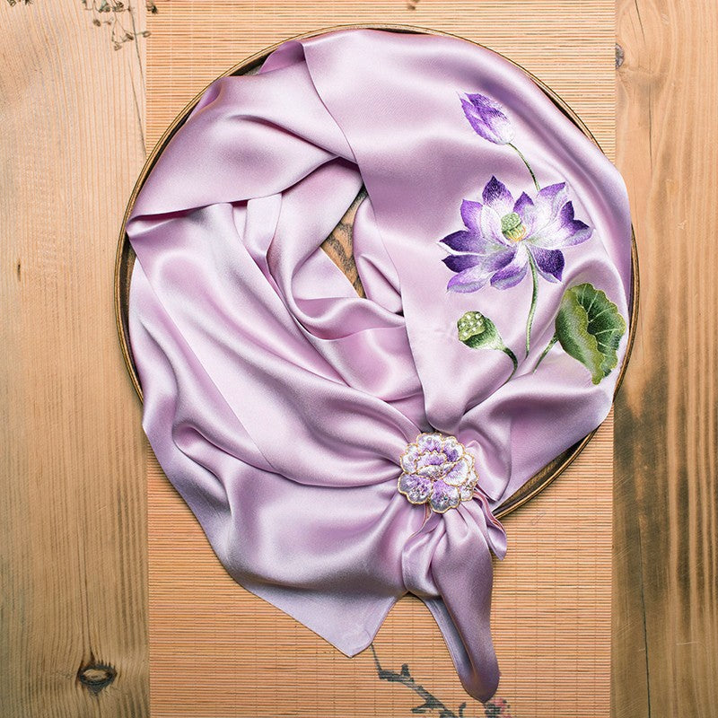 Double-Sided Lotus Silk Scarf with Ring