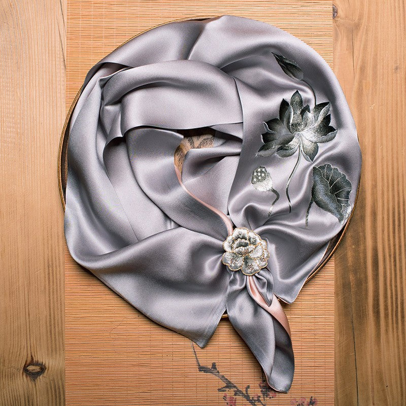 Double-Sided Lotus Silk Scarf with Ring