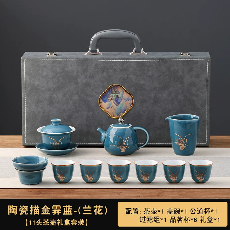 Celadon Gold-Rim Mutton-Fat Jade Tea Set