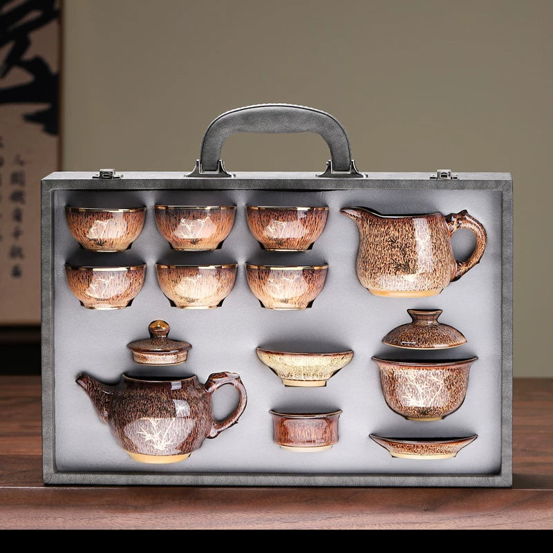 Jian Ware Tea Set with Gold Bamboo