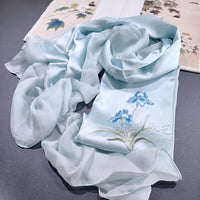 Hand-Embroidered Silk Chiffon Long Scarf