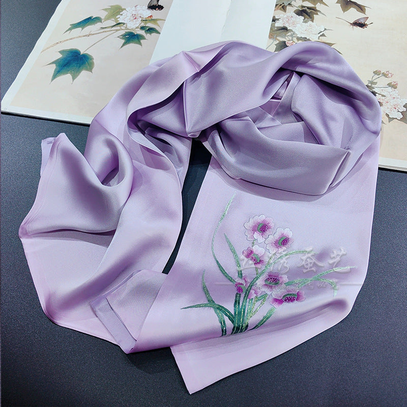 Su Embroidery Silk Long Scarf, Orange Tones