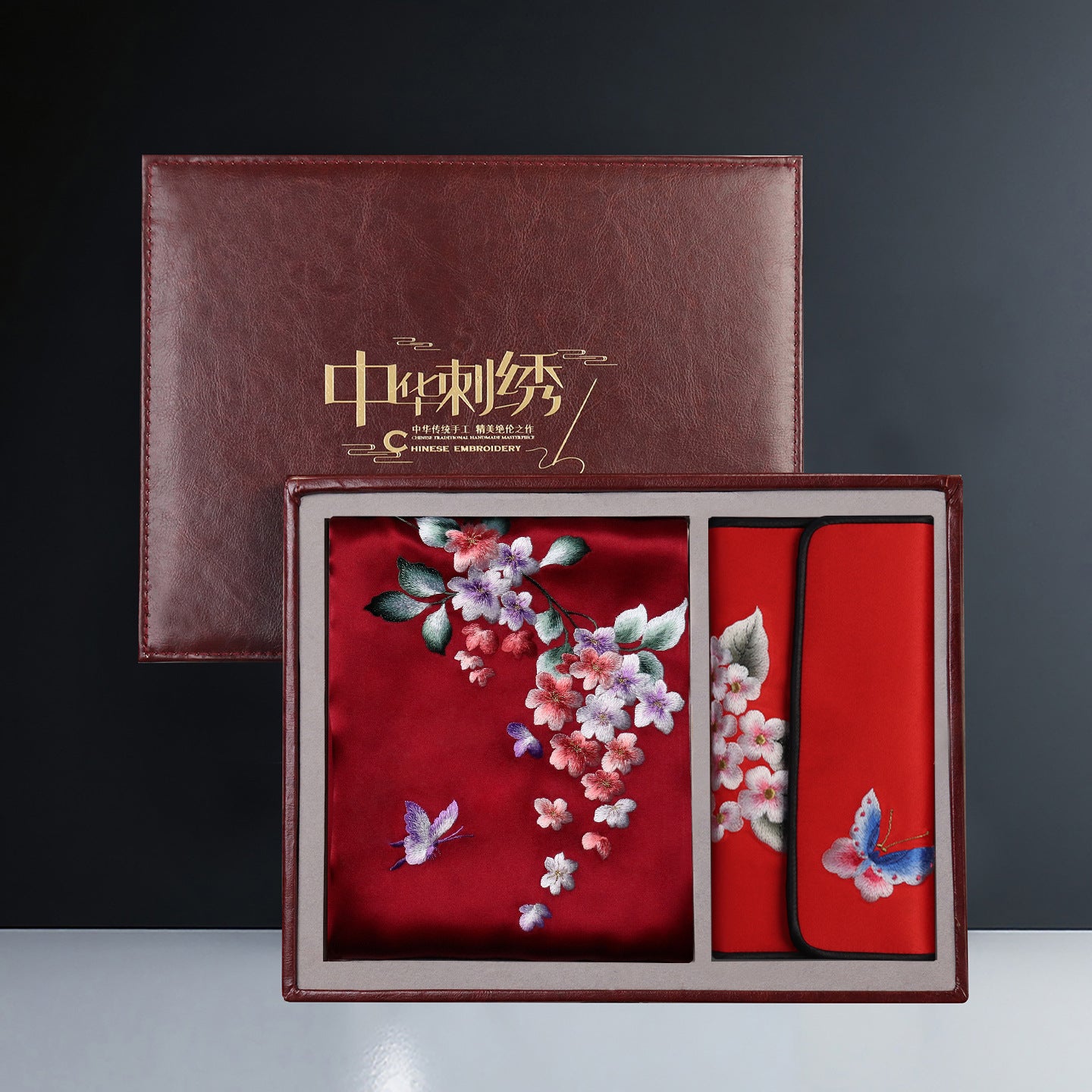 Embroidered Mulberry Silk Scarf and Wallet Set