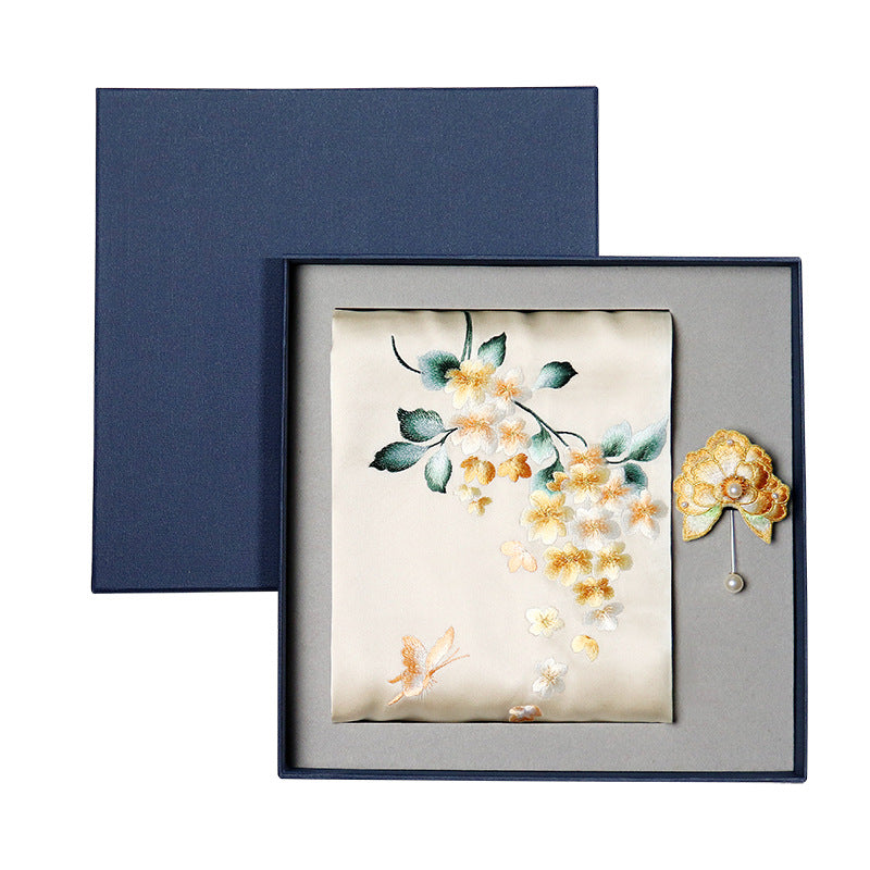 Embroidered Mulberry Silk Scarf and Brooch Set