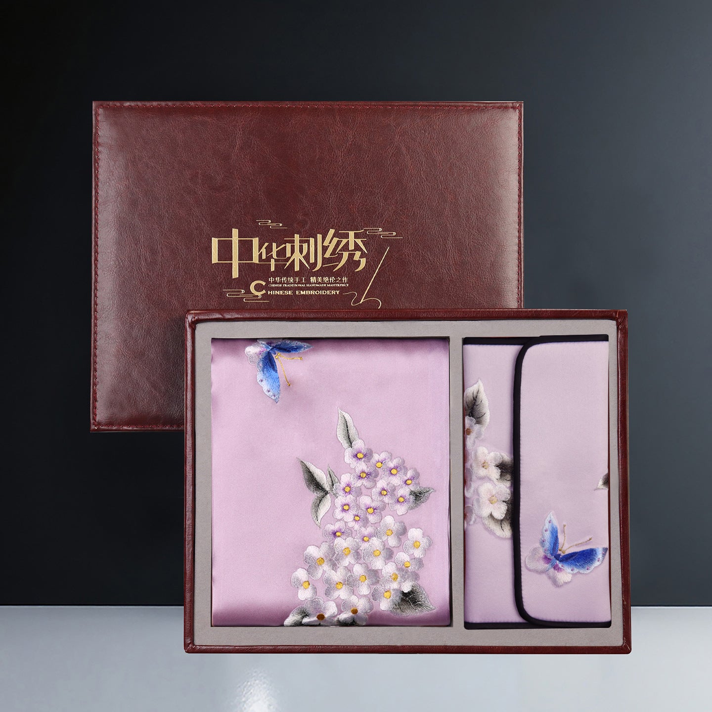 Embroidered Mulberry Silk Scarf and Wallet Set