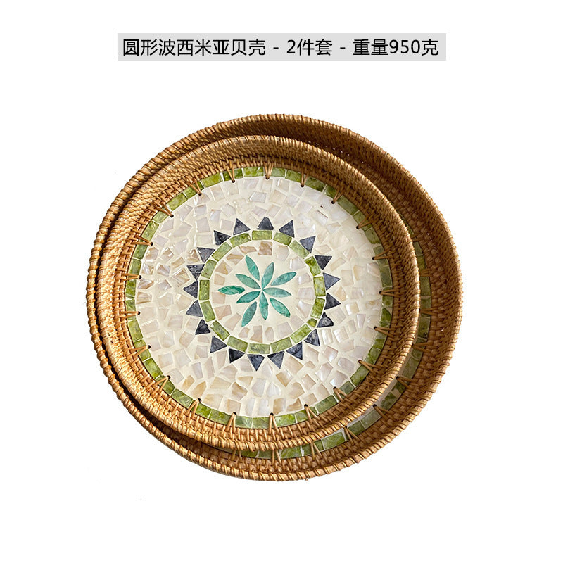 Rattan & Shell Inlay Round Tray