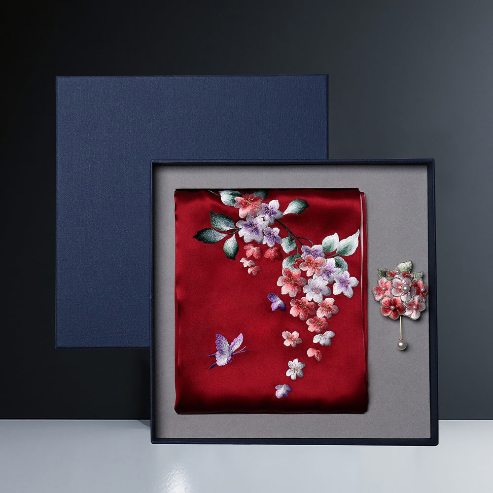 Embroidered Mulberry Silk Scarf and Brooch Set