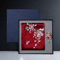 Embroidered Mulberry Silk Scarf and Brooch Set