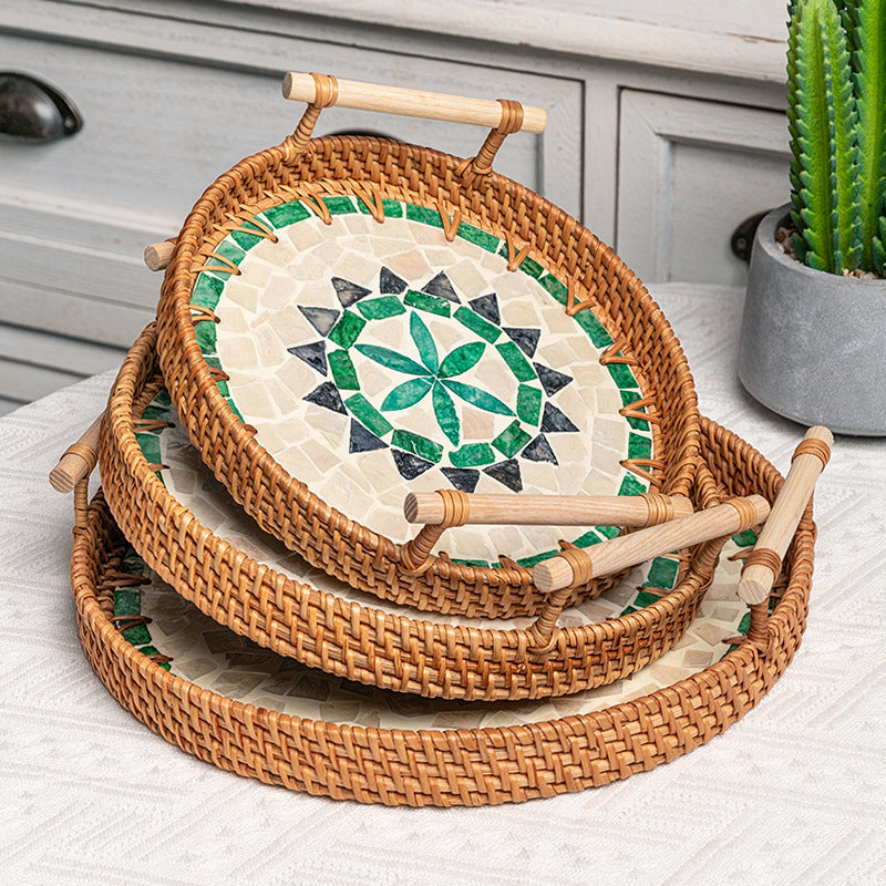 Rattan & Shell Inlay Serving Tray