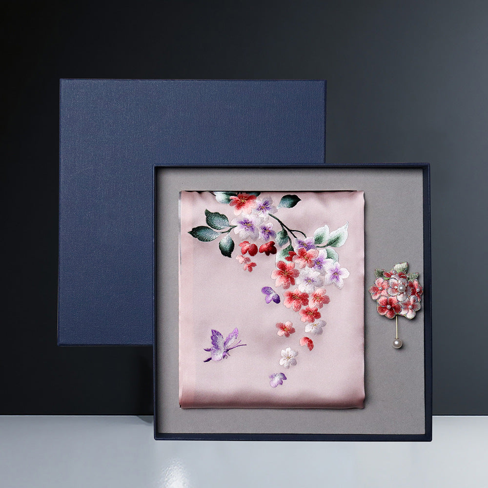 Embroidered Mulberry Silk Scarf and Brooch Set