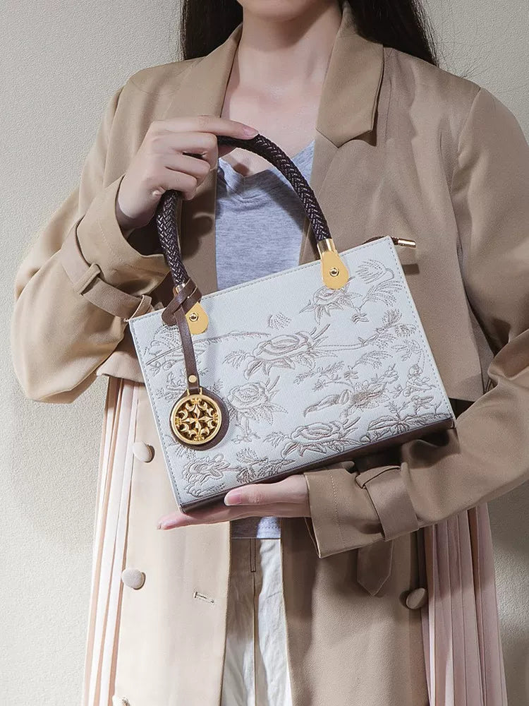 Brown and White Embroidered Handbag