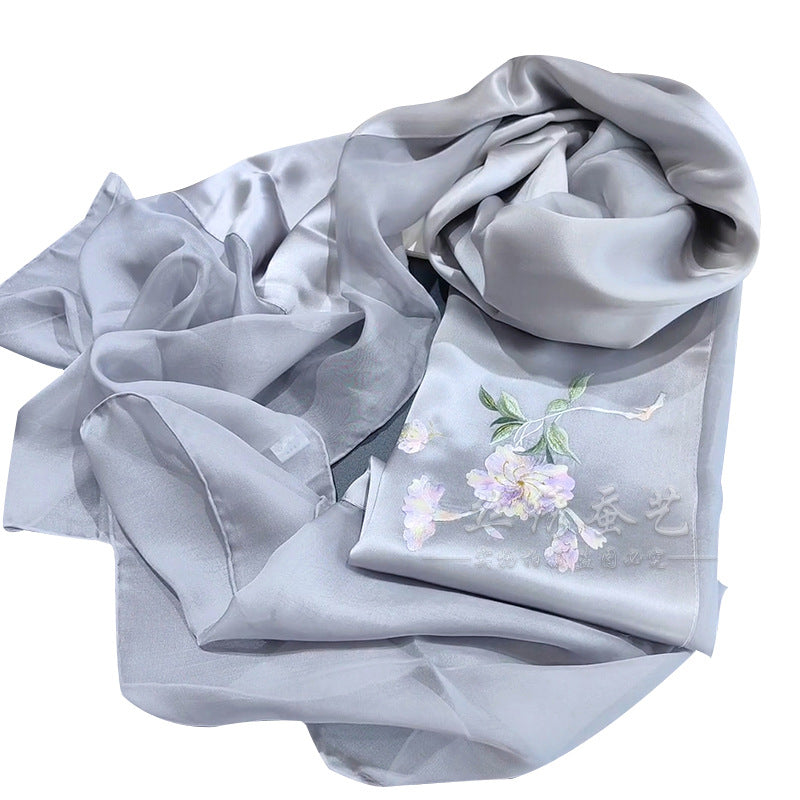 Hand-Embroidered Silk Chiffon Long Scarf