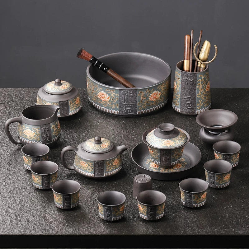 Zisha Lotus Scroll Ruyi Tea Set