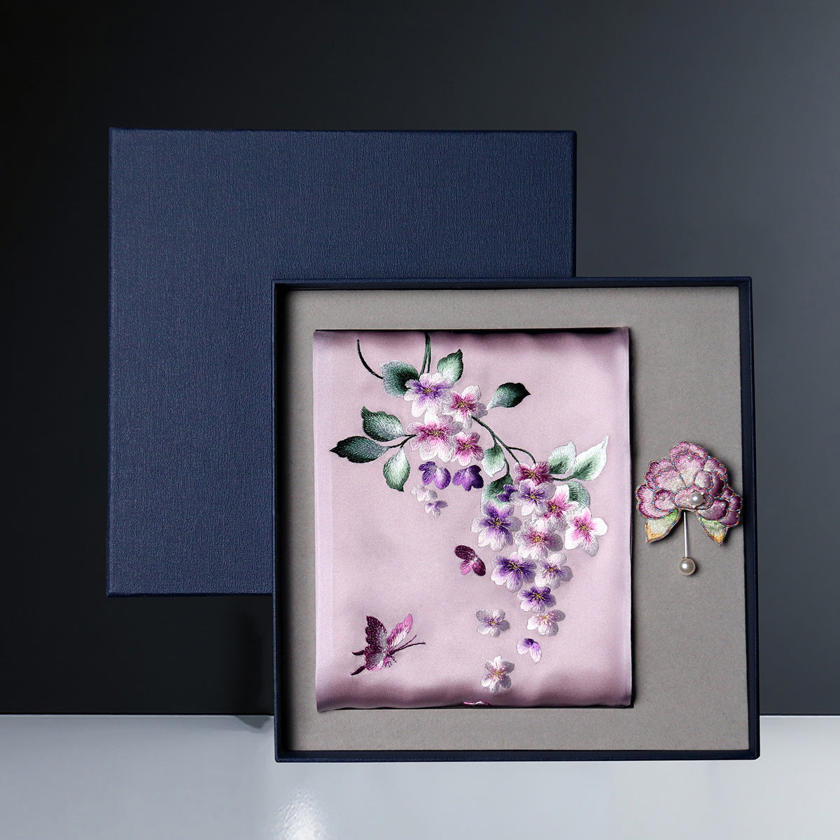 Embroidered Mulberry Silk Scarf and Brooch Set