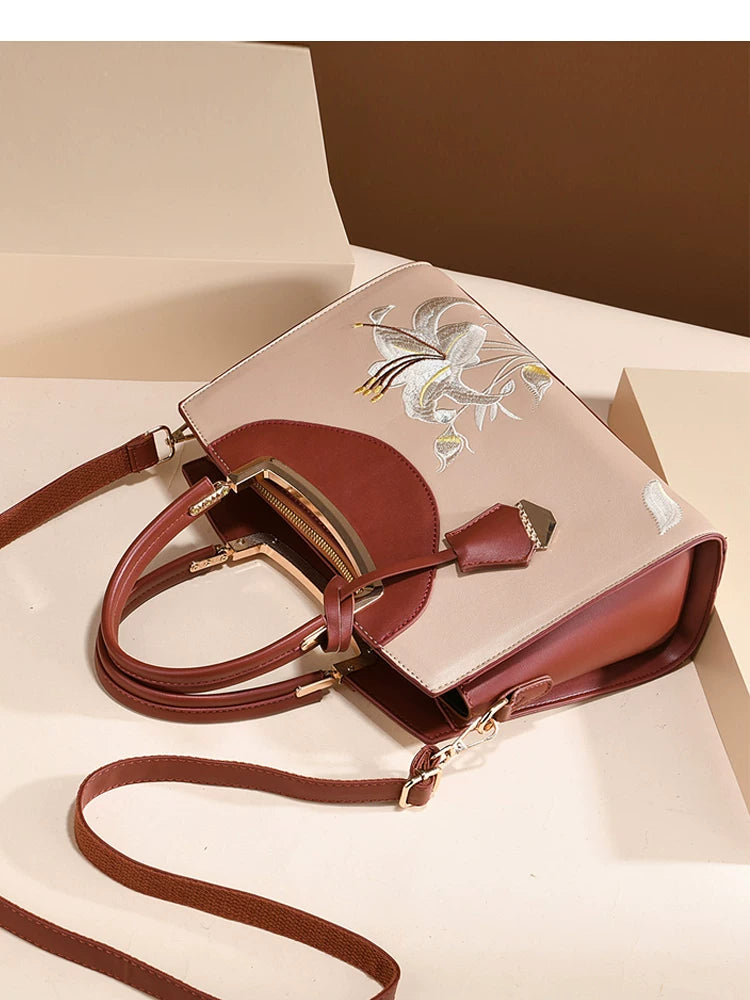 Brown Embroidered Crossbody Handbag