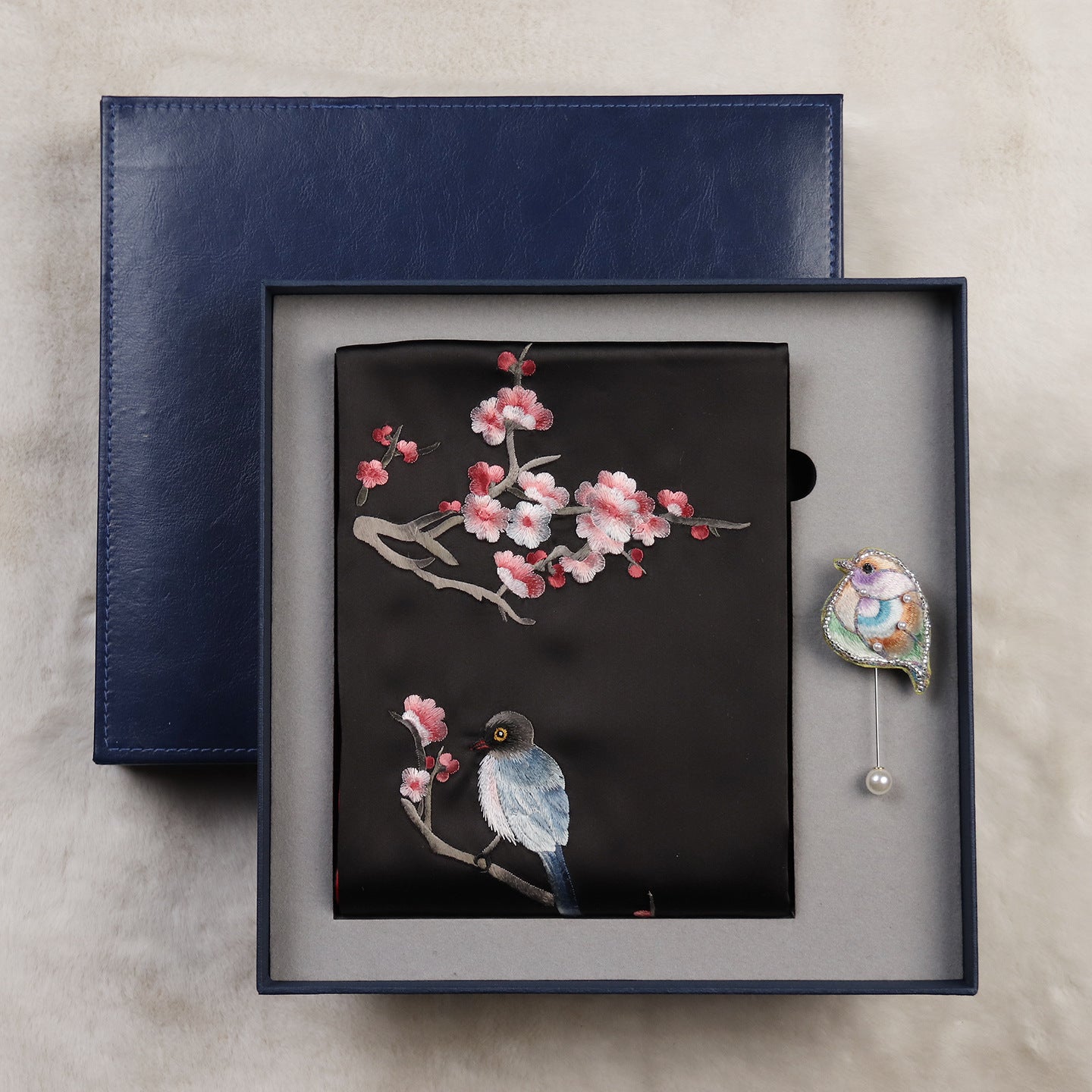 Magpie and Plum Silk Scarf with Brooch