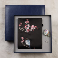 Magpie and Plum Silk Scarf with Brooch