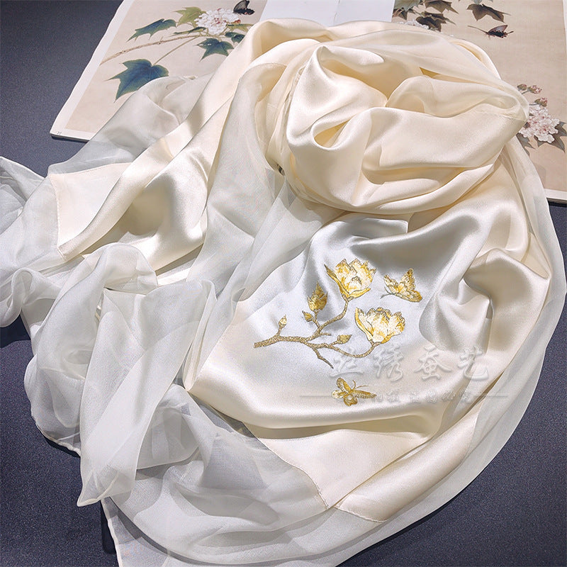 Hand-Embroidered Silk Chiffon Long Scarf