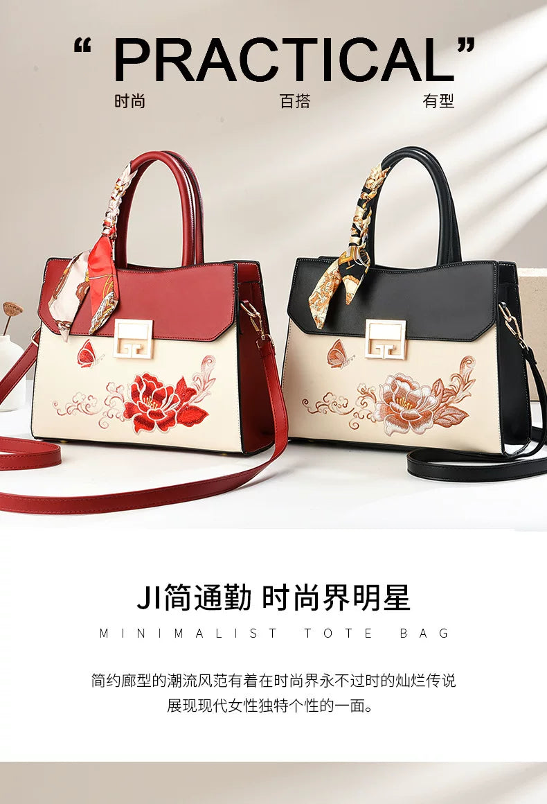 Large Embroidered Handbag in Blue or Burgundy