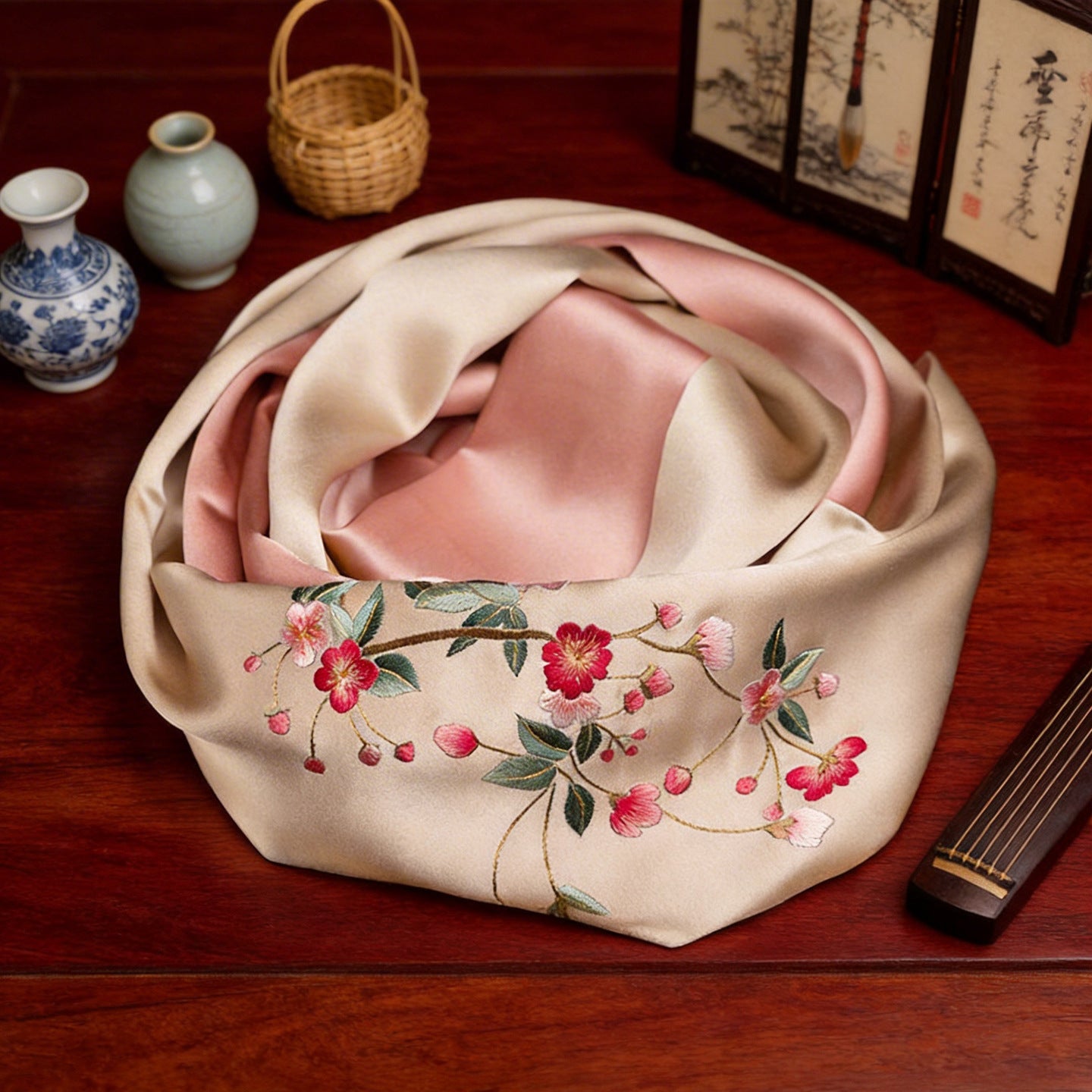 100% Mulberry Silk Su Embroidery Long Scarf