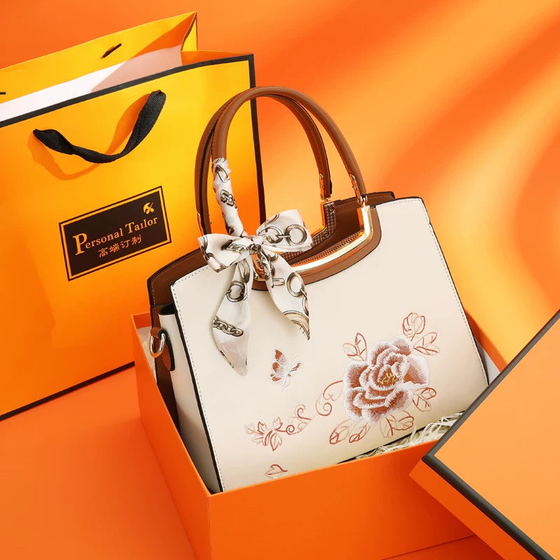 Three-Compartment Embroidered Handbag