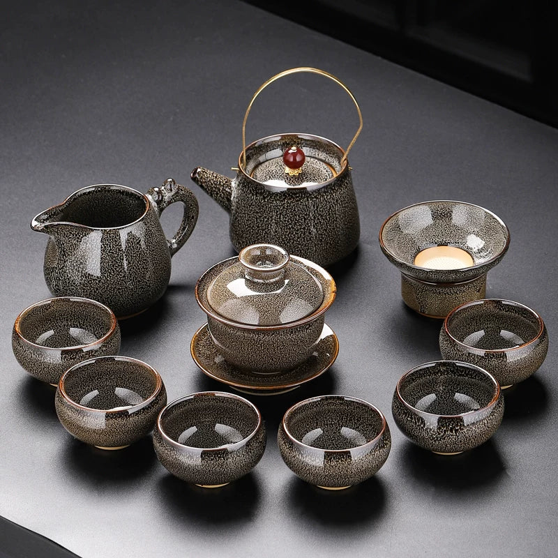 Kiln-Change Jian Ware Loop-Handle Tea Set