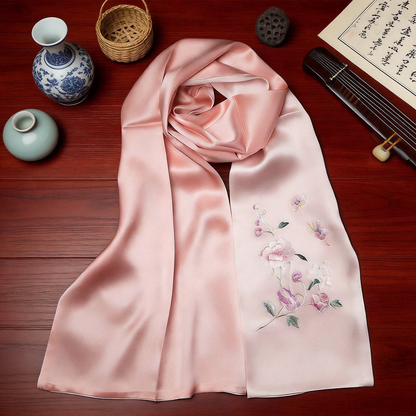 100% Mulberry Silk Su Embroidery Long Scarf