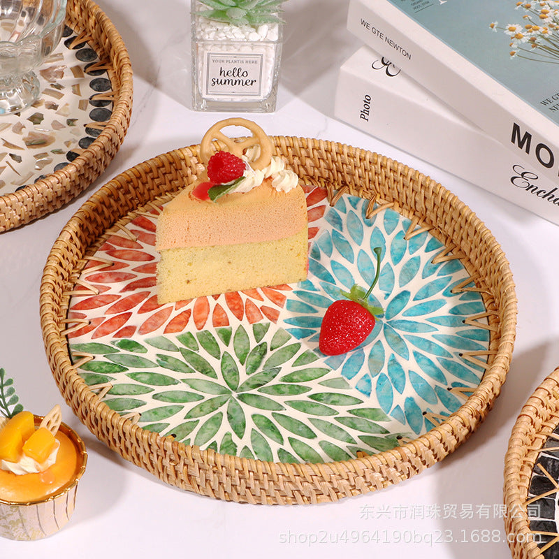 Rattan & Shell Inlay Round Tray