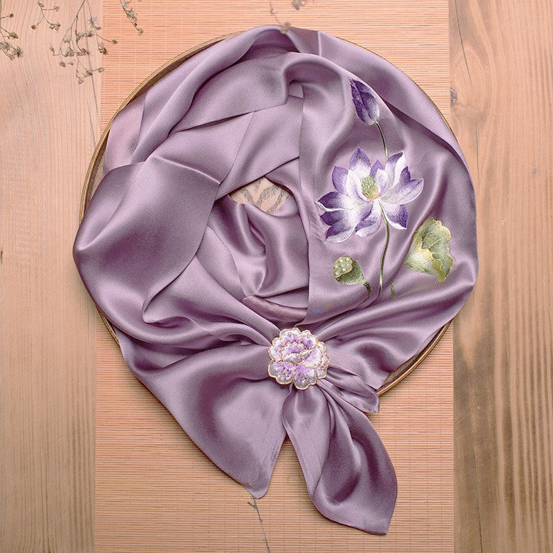 Double-Sided Lotus Silk Scarf with Ring