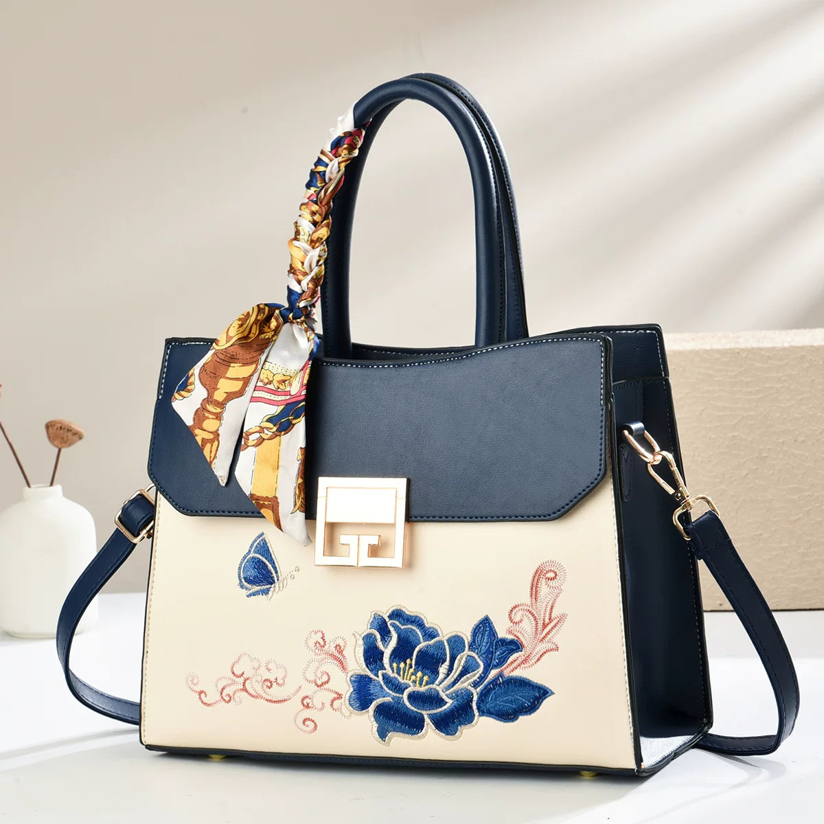 Large Embroidered Handbag in Blue or Burgundy