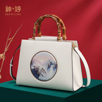 Su Embroidered Leather Handbag, Black or White