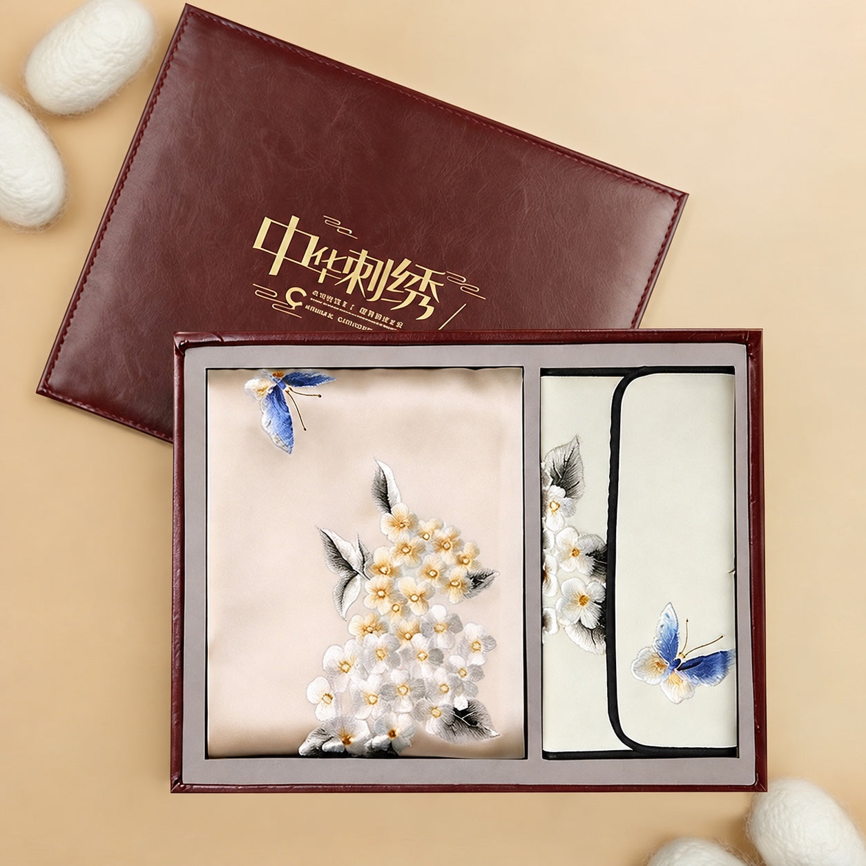 Embroidered Mulberry Silk Scarf and Wallet Set