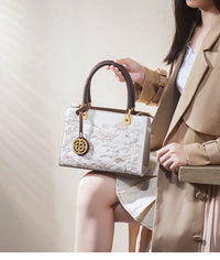 Brown and White Embroidered Handbag