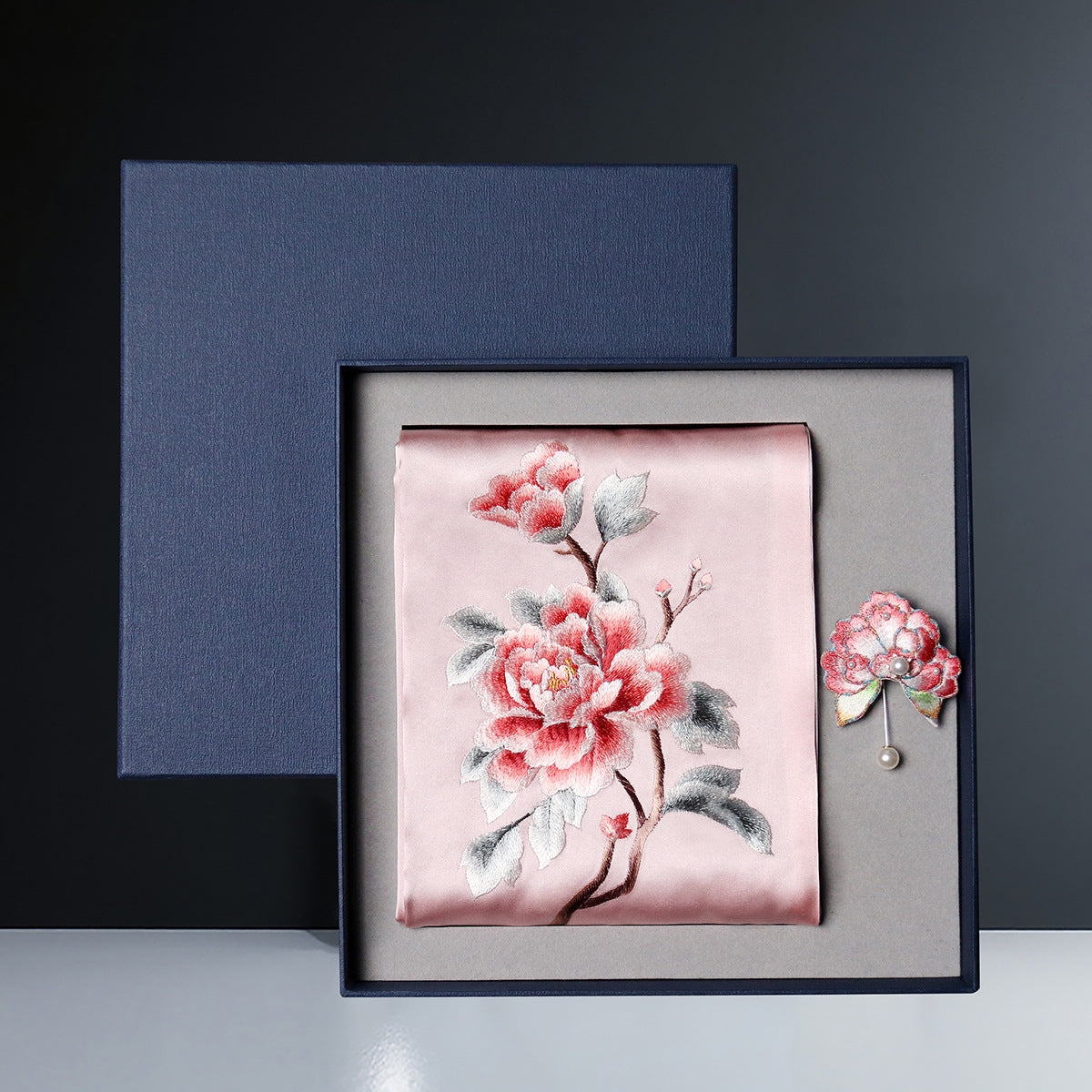 Embroidered Mulberry Silk Scarf and Brooch Set