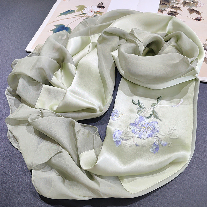 Hand-Embroidered Silk Chiffon Long Scarf