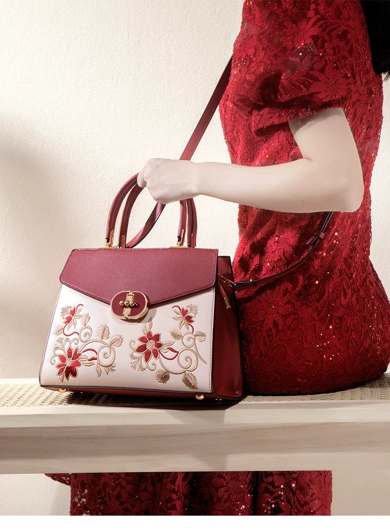Large Red and White Embroidered Handbag
