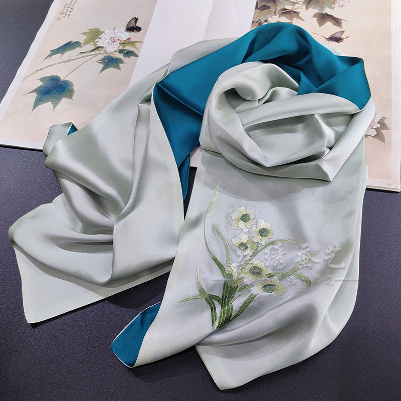 Su Embroidery Silk Long Scarf, Orange Tones