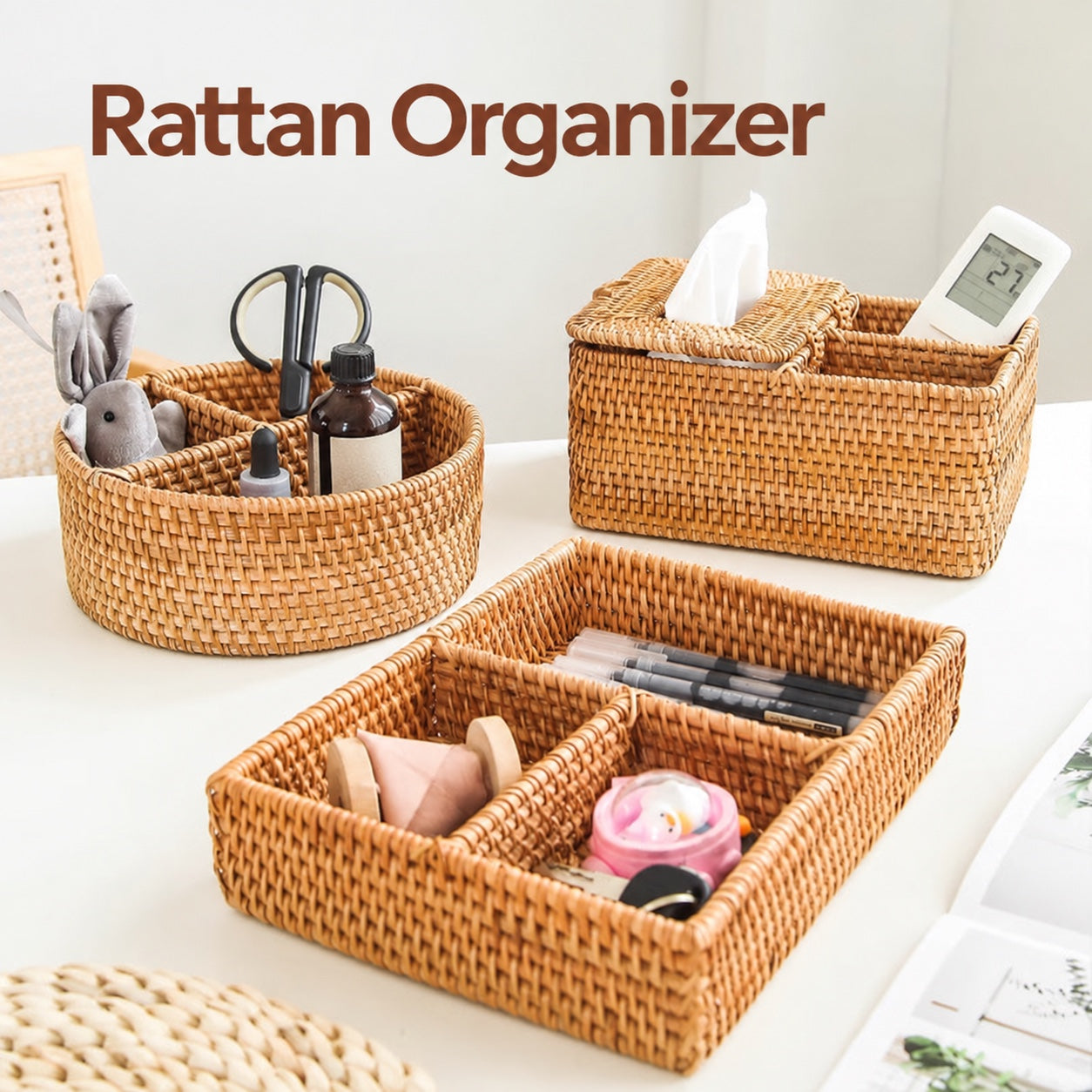Rattan Remote & Pen Organizer