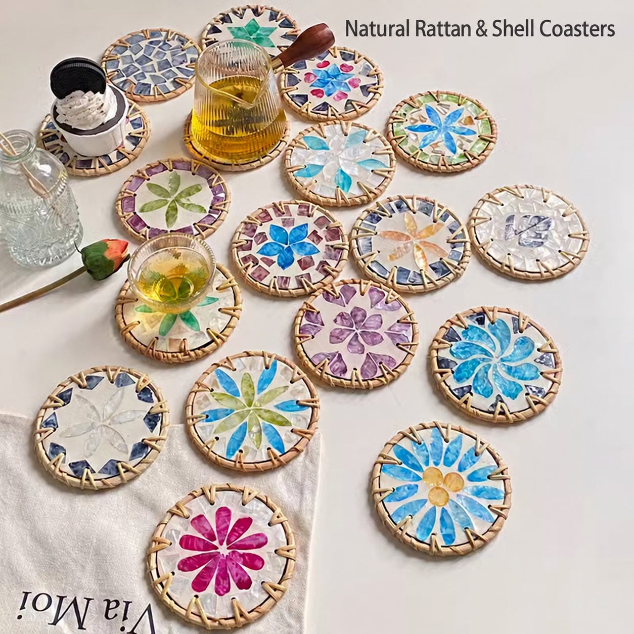 Rattan & Shell Round Coaster