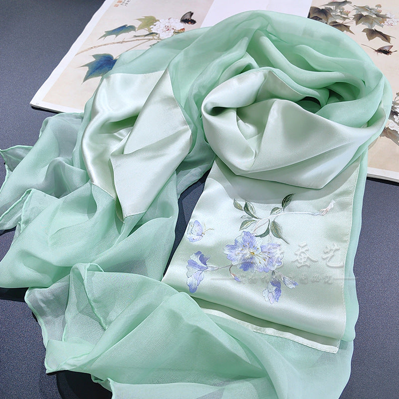 Hand-Embroidered Silk Chiffon Long Scarf