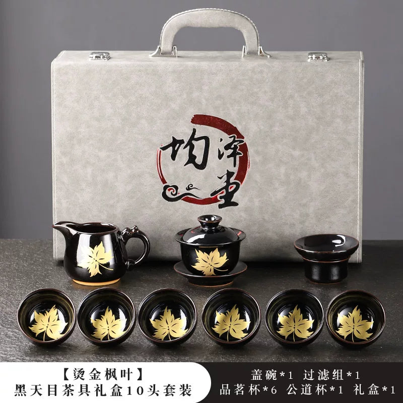Black Tenmoku Gold Leaf Tea Set