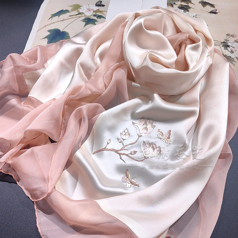 Hand-Embroidered Silk Chiffon Long Scarf