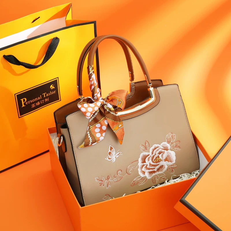 Three-Compartment Embroidered Handbag