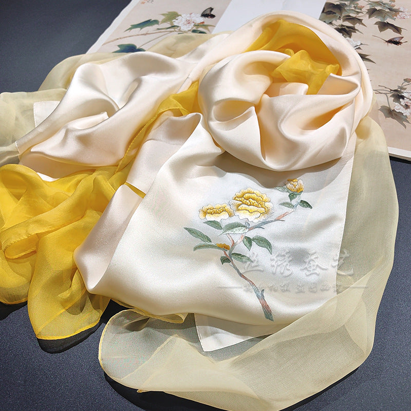 Hand-Embroidered Silk Chiffon Long Scarf