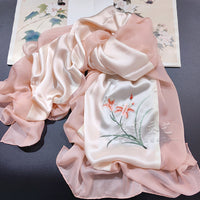 Hand-Embroidered Silk Chiffon Long Scarf