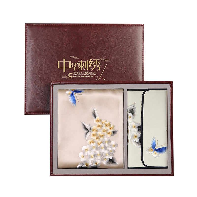 Embroidered Mulberry Silk Scarf and Wallet Set
