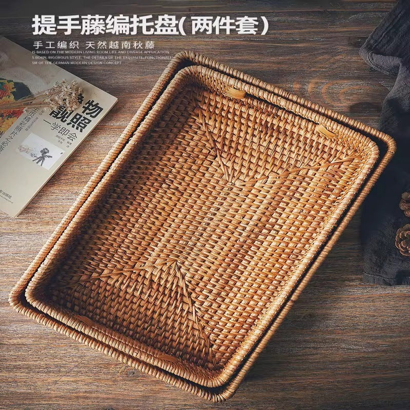Handwoven Rattan Serving Tray with Handles